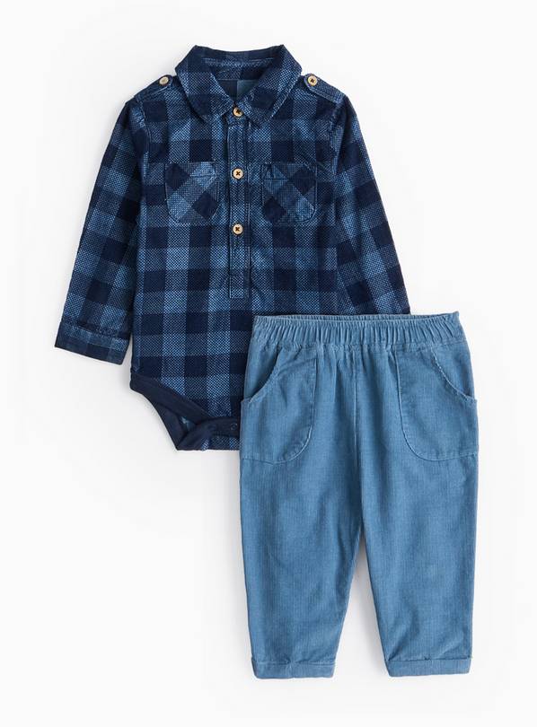 Navy Check Bodysuit & Cord Trousers Set 12-18 months